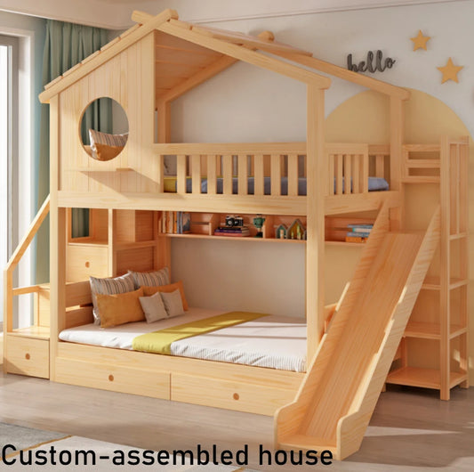 Lit Cabane Bois + Bureau Intégré -100-150cm largeur