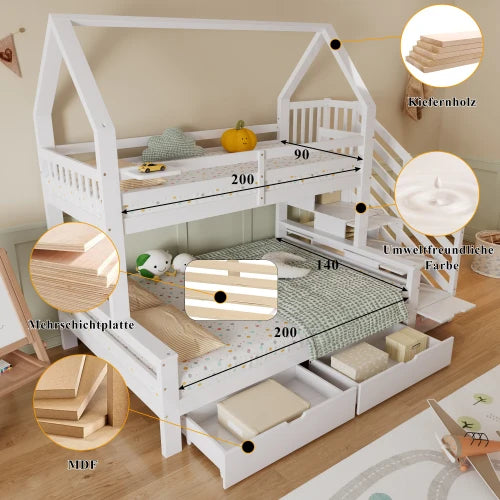 Lit Superposé Cabane + Rangements - 252,5L x 144,5l x 213,5H cm