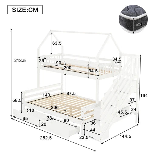 Lit Superposé Cabane + Rangements - 252,5L x 144,5l x 213,5H cm